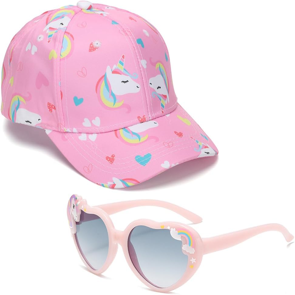 Unicornio Gorra de Béisbol Niños, 2PCS Unicornio Gorra con Gafas de Sol Gorras Visera GorraBéisbol Ajustable Sombrero de Sol Gorras Casual Sombrero de Verano Regalos para Niñas
