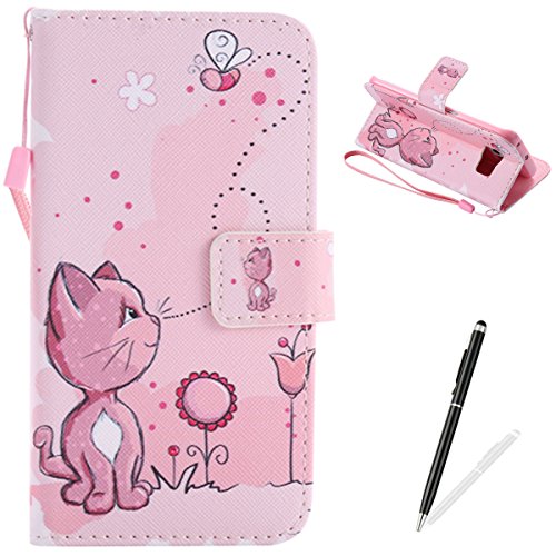 Feeltech Samsung Galaxy S6 Edge Hülle PU-Leder und Brieftasche Bunte Muster Fall mit Magnetverschluss, Hybrid-Kickstand mit Stand-Funktion, schlagen Sie schützende weiche TPU Stoßstangenabdeckung und Kreditkartenhalter für Samsung Galaxy S6 Edge Handgelenk Bügel-Buch-Art-Geldbeutel-Tasche mit 2 In 1 Berühren Sie Stift - Rosa Katze