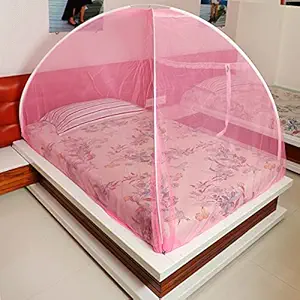 Fegore Foldable Mosquito Net for Single Size Bed, Polyester Material (Single Bed, Pink_Color, Size :-L 6.5 Ft X W 4 Ft X H 3.75 Ft)