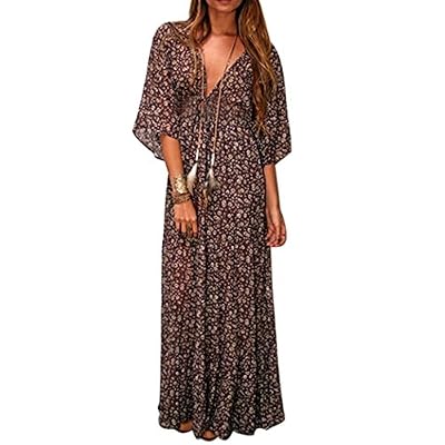 ZEARO Sexy Femme Col V Robe Imprimée Manche 3/4 Maxi Dress Beache Casual Robe Plage Avec Ceinture Grande Taille Bohême