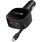 Portronics Car Power Retracto 84W 3 in 1 Car Charger, 80 cm Retractable Cable (33W Type-C PD), Dual Port (18W USB Type-A & 33