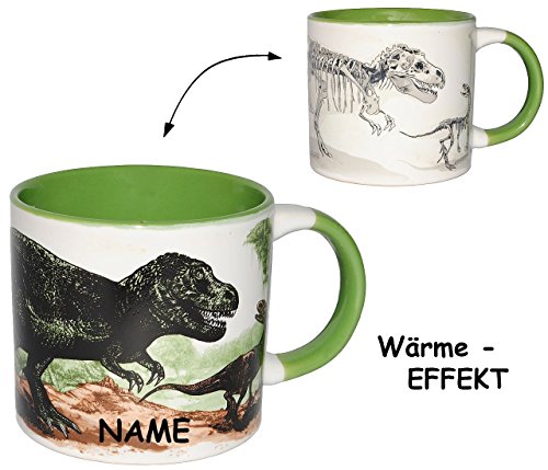 wärmeempfindliche Henkeltasse - Dinosaurier / Dinos - mit Wechsel Motiv - incl. Name - aus Porzellan / Keramik - für Kinder Mädchen Jungen / Keramiktasse - Kaffeebecher - Thermoeffekt - Trinktasse mit Henkel Tasse Becher Porzellantasse Tassen