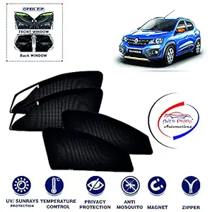 Auto Pearl Zipper Magnetic (Front / Rear) Cotton Mesh Fabric Sun Shades Car Curtain for - Kwid Climber - Set of 4 pcs- (Color Black)