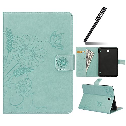 Galaxy Tab S2 8,0 Hülle Case,Samsung Galaxy Tab S2 8,0 Leder Tasche Brieftasche Schutzhülle,Ukayfe Prägung Schmetterling Blumen Malerei Muster PU Lederhülle Flip Wallet Case im Bookstyle Cover Hüllen Lederhülle Schale Stand Ständer Etui Karten Slot Smart Shell Cover Schutzhülle Etui Tasche für Samsung Galaxy Tab S2 8,0 Zoll T710 / T715 / T719, Grün