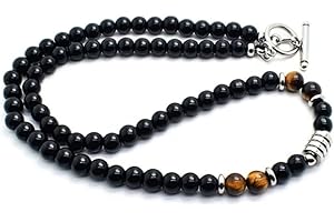 Textiles 4 Home Men’s Black Onyx Beaded Necklace T-Bar Chain Natural Chakra Crystal Jewellery Surfer Necklace Tigers Eye, Grey Jasper Gift Boxed
