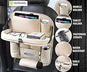 ZOOOMY Heavy Leather Car Back Seat Organizer with Foldable Dining Table Tray Waterproof Storage Pockets (Beige) for Toyota Innova (Type-II) 2009-2012