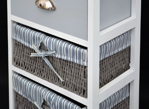 Landhaus Kommode Schrank Bad Regal in grau weiss mit einer Schublade und drei Körbe mit einem Stoffbezug in Blau - 3