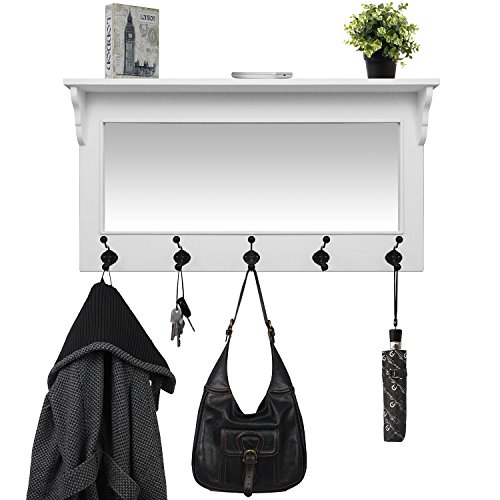 Wandgarderobe 95x49x12cm mit Ablage, Spiegel und 5 Haken Flurgarderobe Wandregal Holzregal für Flur und Bad - 2