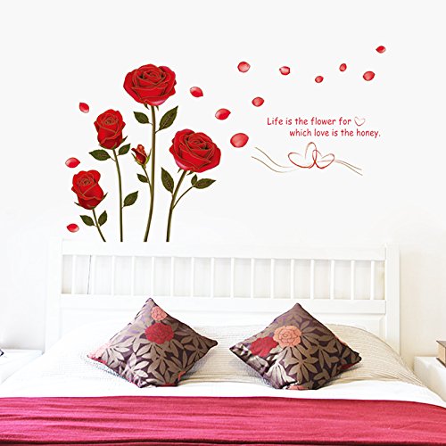 Qianxing abnehmbares wiederverwandbares schöne entspannte Landschaft Wandbild Wallsticker Blumen und Baum Serie Wandtattoo Aufkleber für Sofa und Fernsehen im Wohnzimmer Deko Wandpapier(rote Rosen)(120*75) - 4