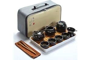 fanquare Przenośny podróżny zestaw do herbaty, ręcznie wykonany zestaw do herbaty kungfu, porcelanowy czajniczek, filiżanki do herbaty, bambusowa taca do herbaty z przenośną torbą podróżną, czarny