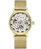 Sewor uomo Hollow scheletro meccanico carving mano vento orologio da polso (Oro 