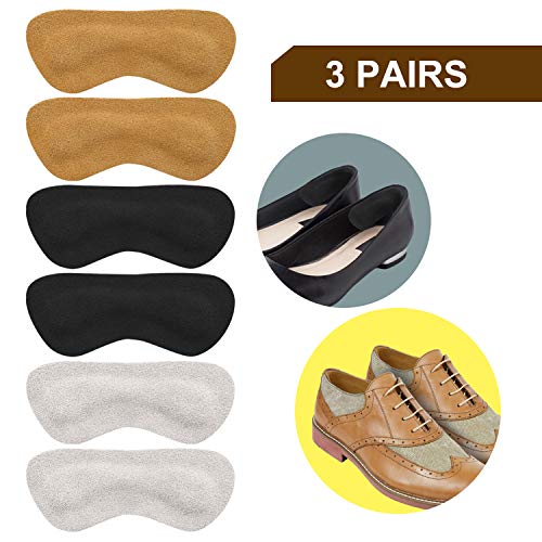 Heel Grip Shoes Too Big - Leather Heel Pads Grips Liner Cushions Inserts, Shoe Filler Improved Shoe Fit and Comfort- 3 Pairs (Khaki, Black, Cream-Colored)