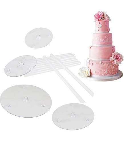 Set Pour Gâteau à étages - 7 Plateaux Ronds (9/12/16/20 Cm) + 21 Dowels Plastique 23 Cm | Réutilisable, Mariage, Anniversaire, Cake Design - 10