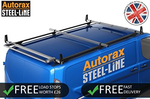 Ford Transit Custom - 3 Steel-Line Roof Bars &amp; Roller on Black Side Rails + Free Wind Deflector &amp; Load Stops