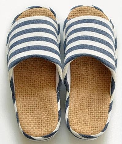 XiuShang Men's autumn and winter striped flax the pelvic floor indoor slippers, blue/brown