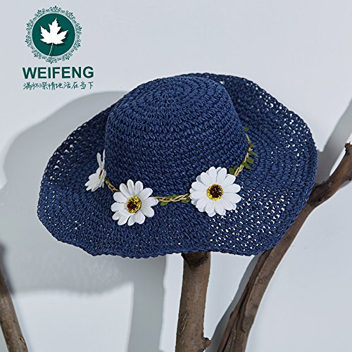 Kogiku summer flowers girls straw hat tide Baby Beach cap can be folded visor straw hat , Children Princess children cap , dark blue
