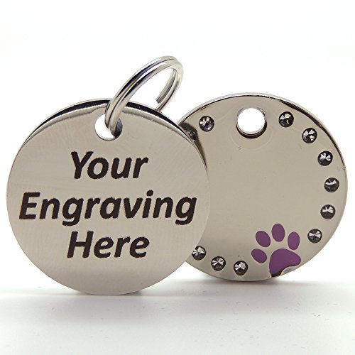 Personalised-Engraved-Pink-30mm-Diamante-Paw-Print-Tag-BOLD-BLACK-LETTERING-Dog-Cat-Pet-ID-Tags