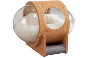 GIUK Monty’s Luxury Wood Cat Space Capsule Bed * Scratch Posts & Ultra-Soft Bedding - Single - Brown