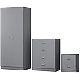 FWStyle Tunis 3 Piece Bedroom Furniture Set including 2 door wardrobe a large 4 drawer chest and bedside cabinet Matt Grey
