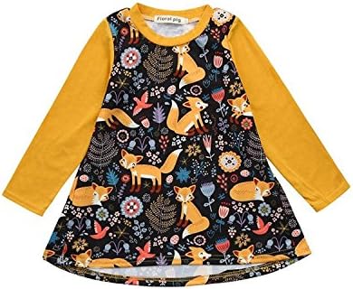 Girls Dresses, Kids Baby Cute Animal Cartoon Fox Print Sun Long Sleeve Clothes Toddler Spring Summer Outfits