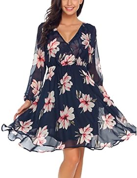 Beyove Damen V Ausschnitt Chiffonkleid Langarm Printkleid Blumenkleid Abendkleid Rockabilly A Linie Freizeitkleid...