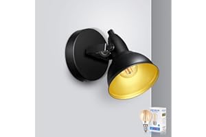 Unikcst Retro Wall Spotlights Adjustable Spot Lights Ceiling Black E14 Lighting Fixture for Indoor Bedroom Living Room, Incl. 4W LED Bulb Warm White