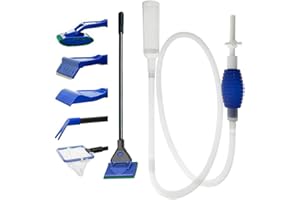SLOCME Kit de limpieza de acuarios Herramientas Raspadores de algas Set 5 en 1 y Limpiador de grava para tanque de peces, bomba de sifón de mano para drenar y reemplazar su agua en minutos