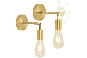 HTRUIYATY 2 Pack Vintage Lámparas de Pared Industriales Apliques de Pared Metal Dorado Giratorias 180° Como Lámparas de Noche, Pasillo, Loft, Apliques Baño