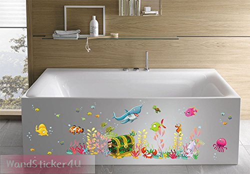 WandSticker4U- Wandtattoo „Unterwasserwelt mit Schatztruhe“ bunt | Effektbild: 122x68cm | Aquarium Fische Hai Unterwasser See Ozean | wasserfeste Wandsticker Fliesen Sticker Deko für Kinderzimmer Kinder Badezimmer Bad GROSS - 6