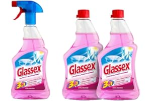 Kit Glassex, 1 Glassex Aceto e Asciuga Rapido Vetri e Multiuso 500 ml, 2 Ricariche Glassex con Aceto e Asciuga Rapido 500 ml.