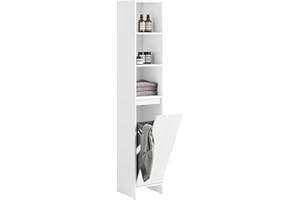 SoBuy Mobile Colonna Bagno Salvaspazio con Cesto Portabiancheria – Armadietto Alto e Stretto in MDF Bianco con Ripiani Regolabili e Antiribaltamento 30x170x30 cm BZR158-W