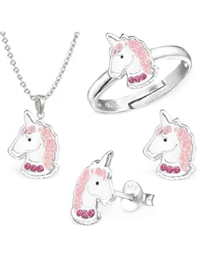 GH1a PINK Kristall Einhorn SET RING + ANHÄNGER + KETTE + OHRSTECKER 925 Silber