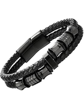Doppel-Lap Schwarz Geflochtenem Lederarmband Herren Armband Leder Schweißband mit Schwarz Edelstahl Verschluss