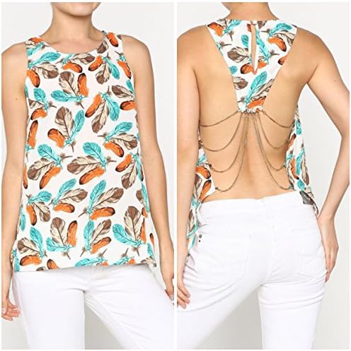 Banjul Feather Print Women's Open Back Vest Top by Summer Cami Tank (Large)