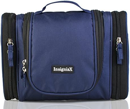 Hanging Toiletry Bag: InsigniaX Designer Folding Travel Cosmetic Organizer for Men Women Ladies With Compartments Handles Hook Folded Size: H:24.9 x W:11.2 x L:21.1cm (Large, Navy Blue)