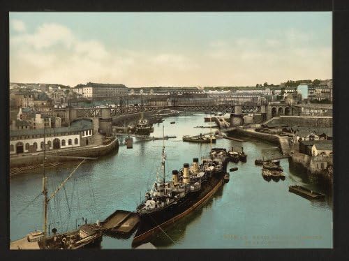 Vintage view of The Port Militaire from swing bridge, Brest, France 2, Large A3 size 41 by 29 cm Canvas Photo