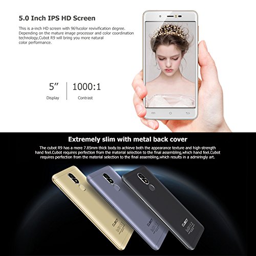 CUBOT R9 Smartphone Android 7.0 Unlocked 3G Telefono Cellulare,5.0 Pollici HD IPS Display,MT6580,Quad-Core 1.3GHz,2GB RAM+16GB ROM, Fotocamera Principale Doppia 13M/5MP,Dual SIM WiFi GPS Bluetooth Fingerprint Scanner Cellulare Smartphone in Offerta (blu)