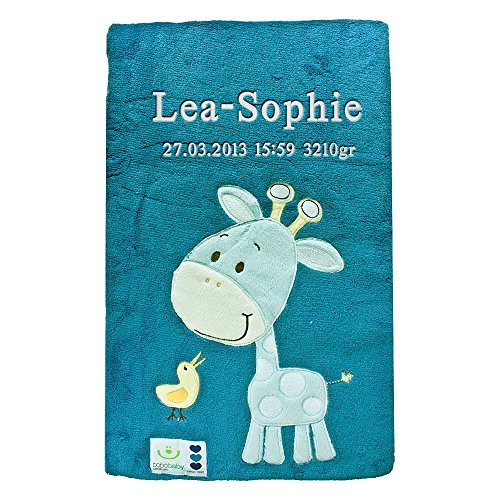 Babydecke Decke mit Namen bestickt 76x102 cm Motivwahl Giraffe Löwe Hase Bär Schmetterling Ente Elefant Hund Eule Zebra kuschlig weich