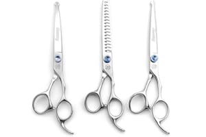 MOONTAY Lot de Ciseaux à fourrure Ciseaux pour Animaux Ciseaux de Toilettage pour Chiens professionnels Ciseaux courbés/droits/amincissants 7 pouces Ciseaux en Acier Inoxydable Japonais 440C Argent