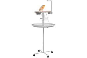 PawHut Spielplatz für Papageien mit Futterstation, Vogelfutterstation mit Rädern, Sitzstangen, Vogelfutterspender mit Leiter für Garten, Balkon, Stahl, Weiß