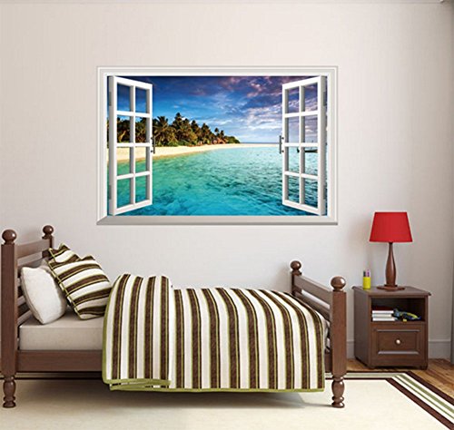 Lumanuby 3D Wandtattoos Geöffnetes Fenster Himmel und Ozean Wandsticker Wandaufkleber für Wohnzimmer Schlafzimmer Kinderzimmer - 3