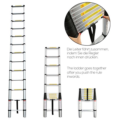 TRESKO® Aluminium Teleskopleiter Anlegeleiter in 3 Größen 2,60 Meter – 3,20 Meter – 3,80 Meter | Norm EN131| SGS geprüft (3,20m) - 3