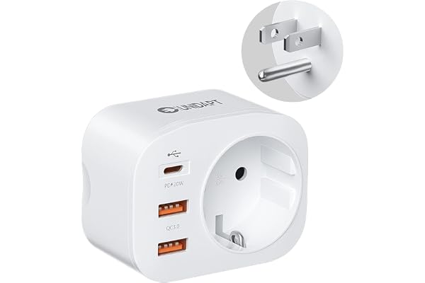 Unidapt Reseadapter USA 20W Typ B, 4 i 1 Snabbladdare | 1 USB-C PD, 2 USB-A QC 3.0 och 1 AC uttag. För USA, Kanada och Mexiko. Travel adapter plug.