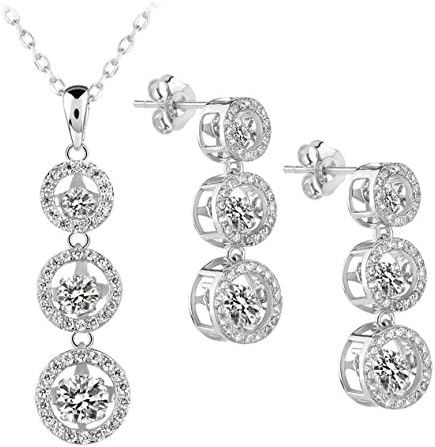 Le Premium® 925 Sterling Silver Galaxy Jewelry Set Round Dancing Diamond Pendant Necklace and Earring Stud with Suspension Craft fixed AAA Crystal Clear Zircon