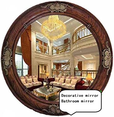 Xiuxiandianju European-Style Creative Antique Metal Hand-Crafted Bathroom Mirror Decorative Wall Mirror Environmental Resin Red Wood Color Silver Mirror Diameter Of About 68cm Lens Diameter 51cm (282) , a