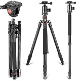 MONOPIE TRÍPODE DE DISEÑO PRÁCTICO: tubo de fibra de carbono de alta densidad; Altura extendida ajustable de 59cm a 169cm con cabeza esférica de 360   grados, cabeza esférica giratoria de 360   grados con nivel de burbuja que le proporciona una vista panorámica; El sistema de ajuste del ángulo de la pierna de 3 posiciones proporciona un disparo flexible