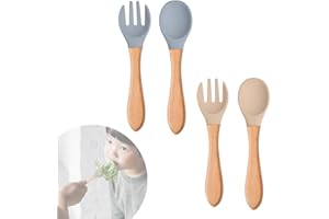 LBB＆ZQQ Baby Fork and Spoon Set, 4 Pcs Silicone Feeding Utensil Easy Grip Toddler Cutlery Kit Children's Flatware Kids Cutlery Set for Infant Toddler Children First Led Training Weaning, 6-12 Month