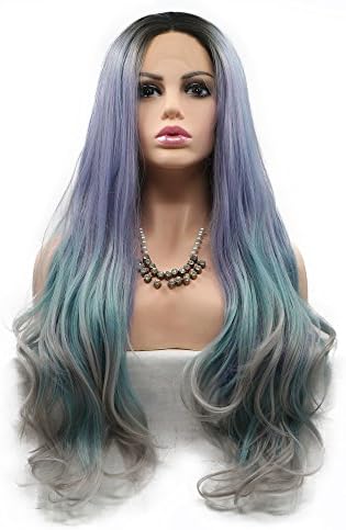 Ladies Mermaid Drag Queen Wigs Dark Roots Ombre Purple/Blue Green/Grey Heat Resistant Long Wave Hair Synthetic Lace Front Wigs for Women Cosplay Natural Hairline Middle Part Wigs