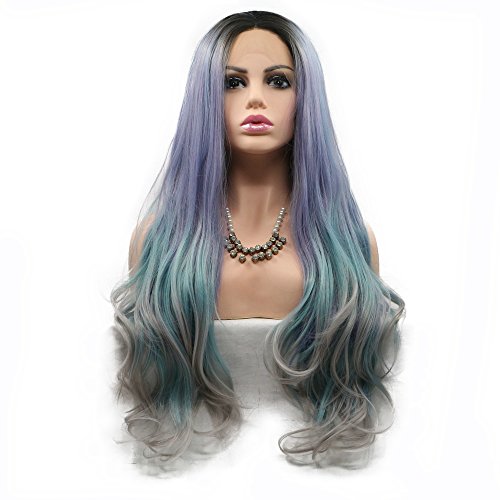 Ladies Mermaid Drag Queen Wigs Dark Roots Ombre Purple/Blue Green/Grey Heat Resistant Long Wave Hair Synthetic Lace Front Wigs for Women Cosplay Natural Hairline Middle Part Wigs