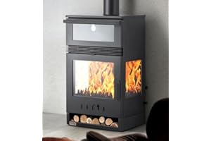 DANDIBO Kaminofen mit Backfach Panoramakamin Dreiseitig Glas 3 Scheiben Teba TKS 15 Verglast 3 Seiten Holzofen 12,8 kW Kamin Ofen Holz Holzherd Küchenofen
